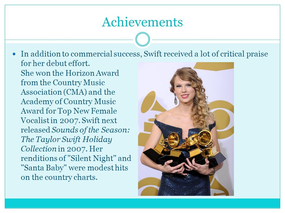 Achievements In addition to commercial success, Swift received a lot of critical praise for her debut effort.