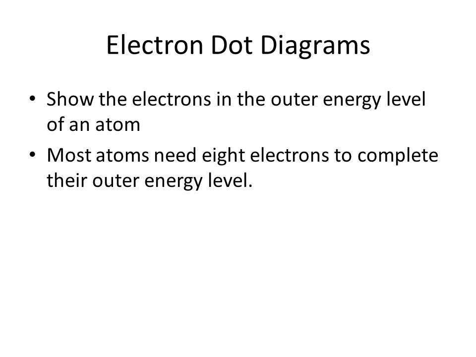 Electron Dot Diagrams Show the electrons in the outer energy level of an atom.