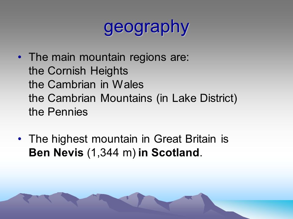 geography The main mountain regions are: the Cornish Heights
