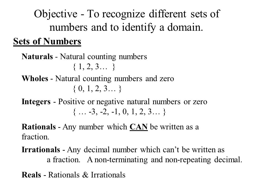 Objective - To recognize different sets of numbers and to identify a domain.