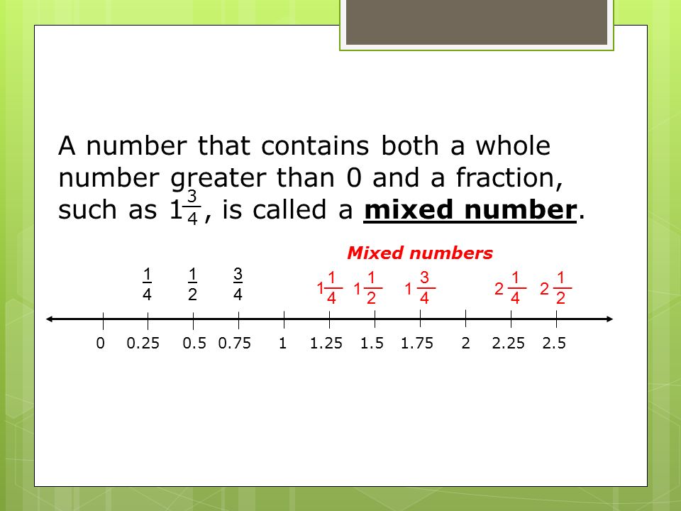 A number that contains both a whole number greater than 0 and a fraction, such as 1 , is called a mixed number.