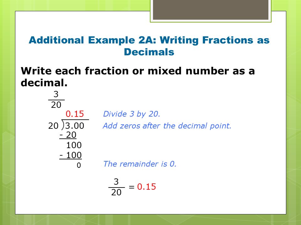 Additional Example 2A: Writing Fractions as Decimals