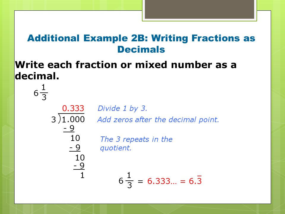 Additional Example 2B: Writing Fractions as Decimals