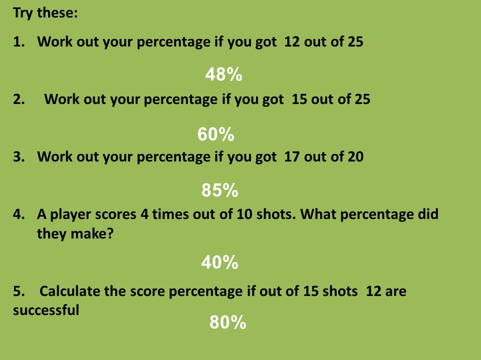 Try these: Work out your percentage if you got 12 out of 25. Work out your percentage if you got 15 out of 25.