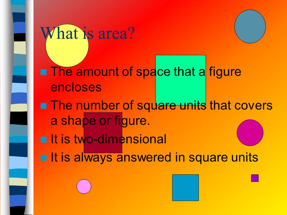 What is area The amount of space that a figure encloses