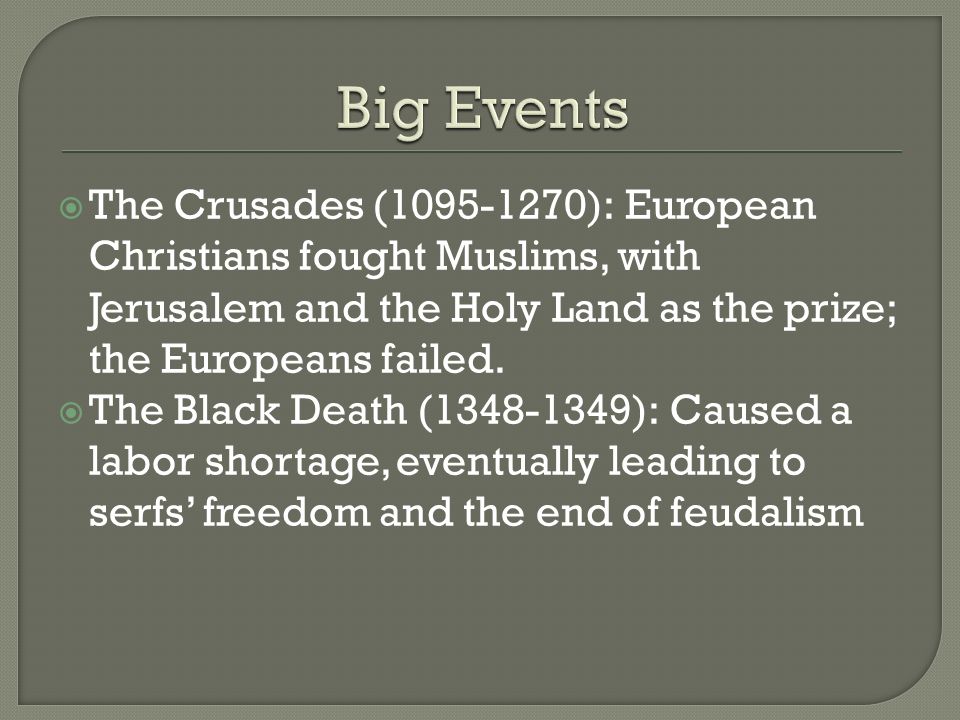 Big Events The Crusades ( ): European Christians fought Muslims, with Jerusalem and the Holy Land as the prize; the Europeans failed.