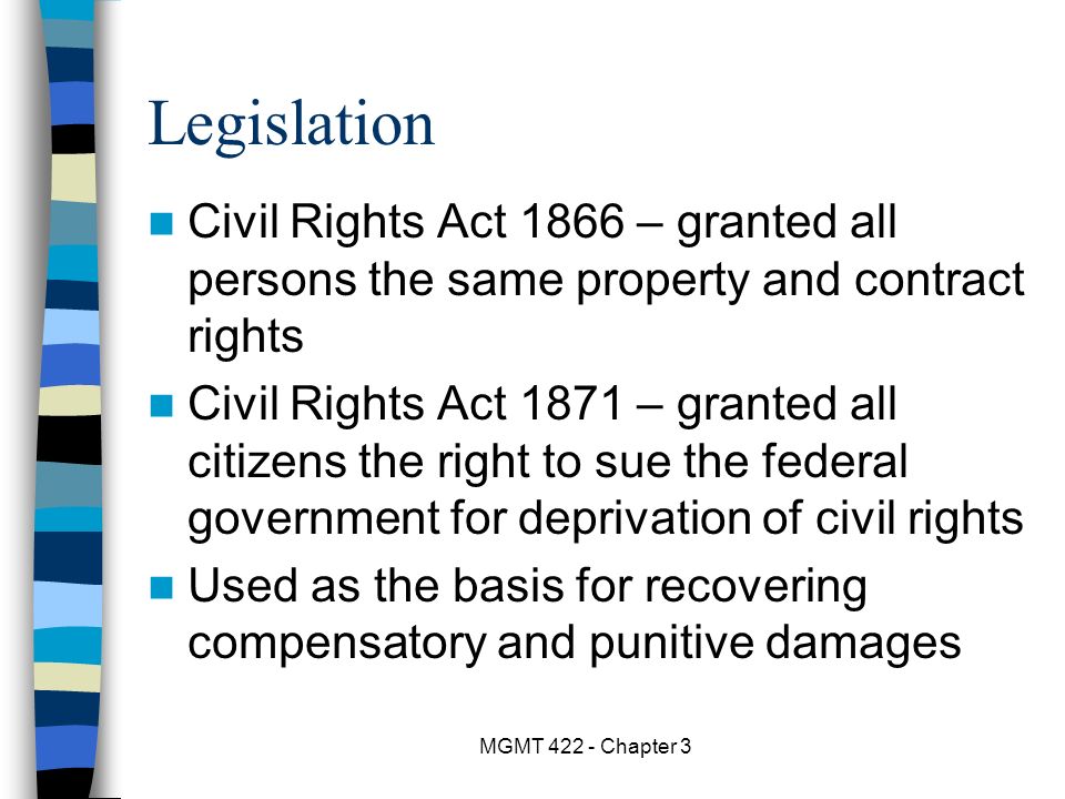 Legislation Civil Rights Act 1866 – granted all persons the same property and contract rights.