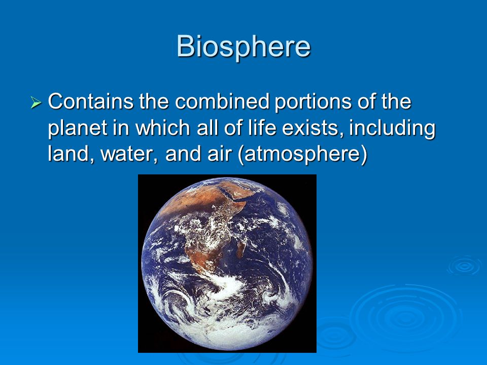 Biosphere Contains the combined portions of the planet in which all of life exists, including land, water, and air (atmosphere)