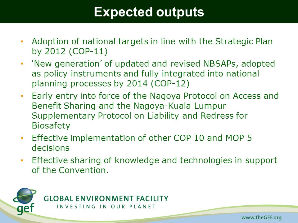 Expected outputs Adoption of national targets in line with the Strategic Plan by 2012 (COP-11)