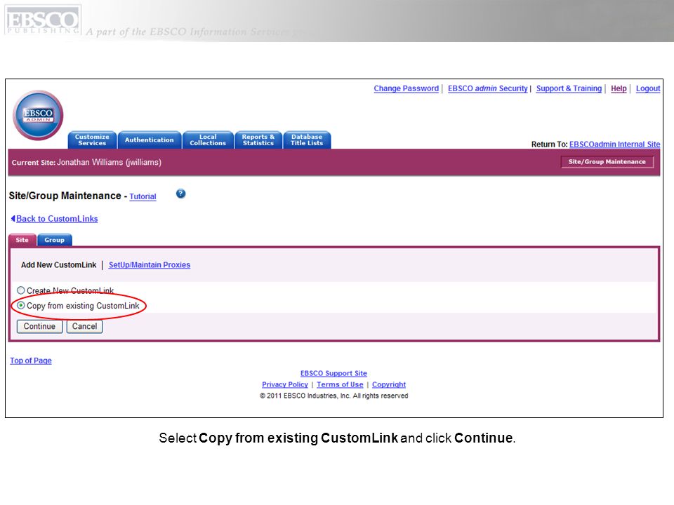 Select Copy from existing CustomLink and click Continue.