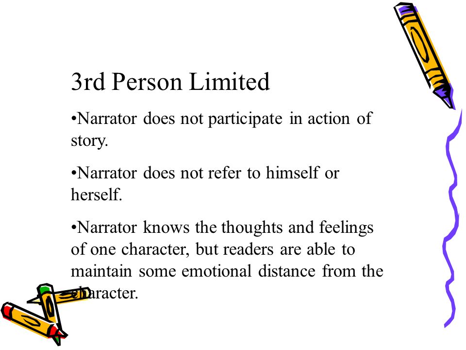 3rd Person Limited Narrator does not participate in action of story.