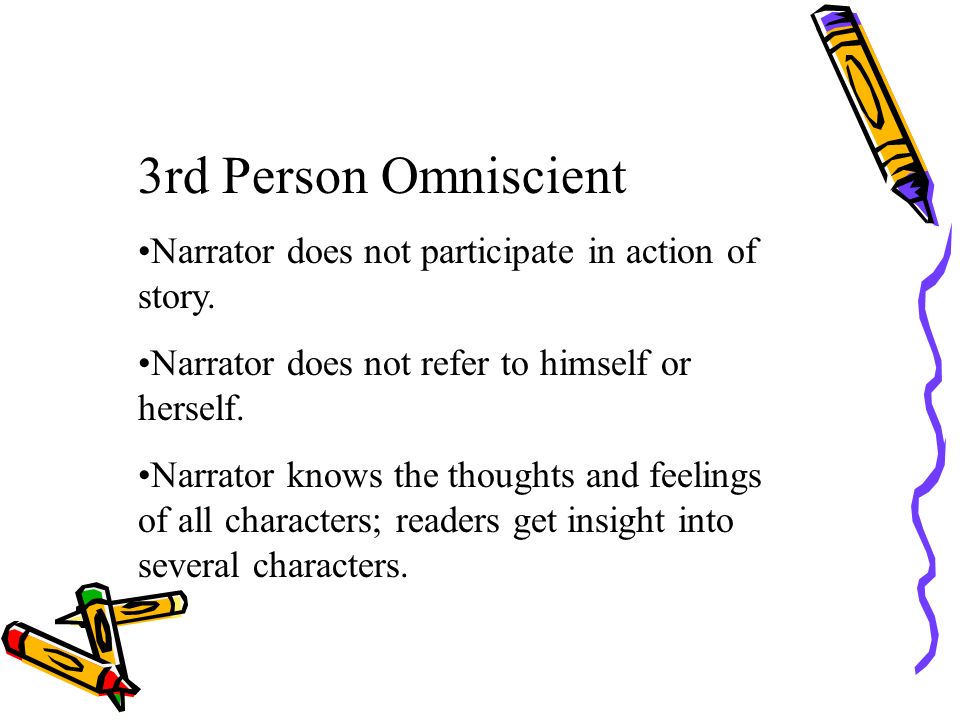 3rd Person Omniscient Narrator does not participate in action of story. Narrator does not refer to himself or herself.