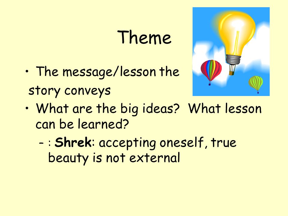 Theme The message/lesson the story conveys