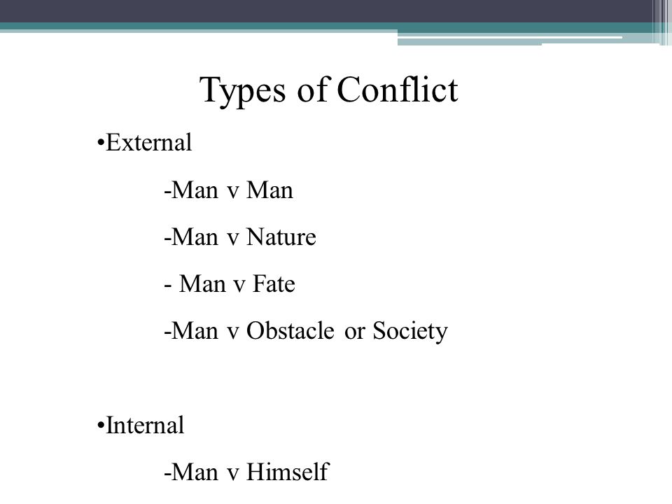 Types of Conflict External -Man v Man -Man v Nature - Man v Fate