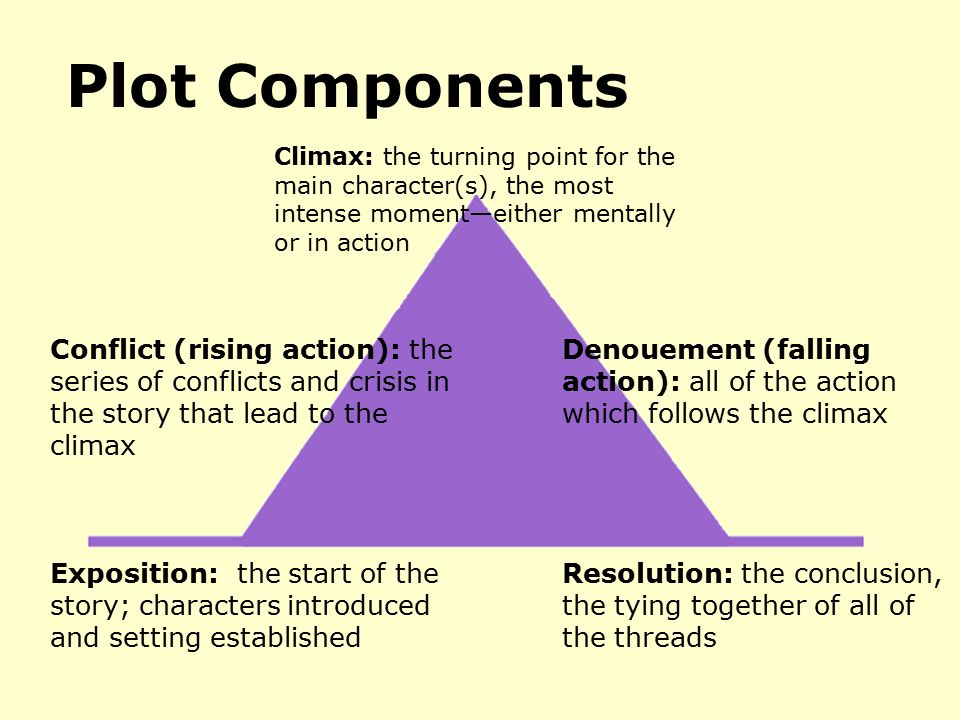 Plot Components Climax: the turning point for the main character(s), the most intense moment—either mentally or in action.