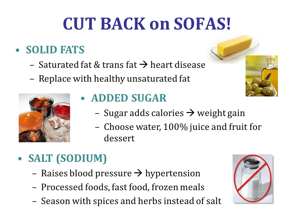 CUT BACK on SOFAS! SOLID FATS ADDED SUGAR SALT (SODIUM)