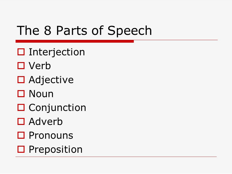 The 8 Parts of Speech Interjection Verb Adjective Noun Conjunction