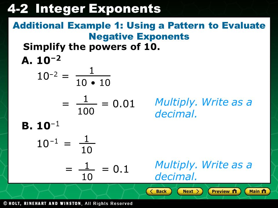 Additional Example 1: Using a Pattern to Evaluate Negative Exponents