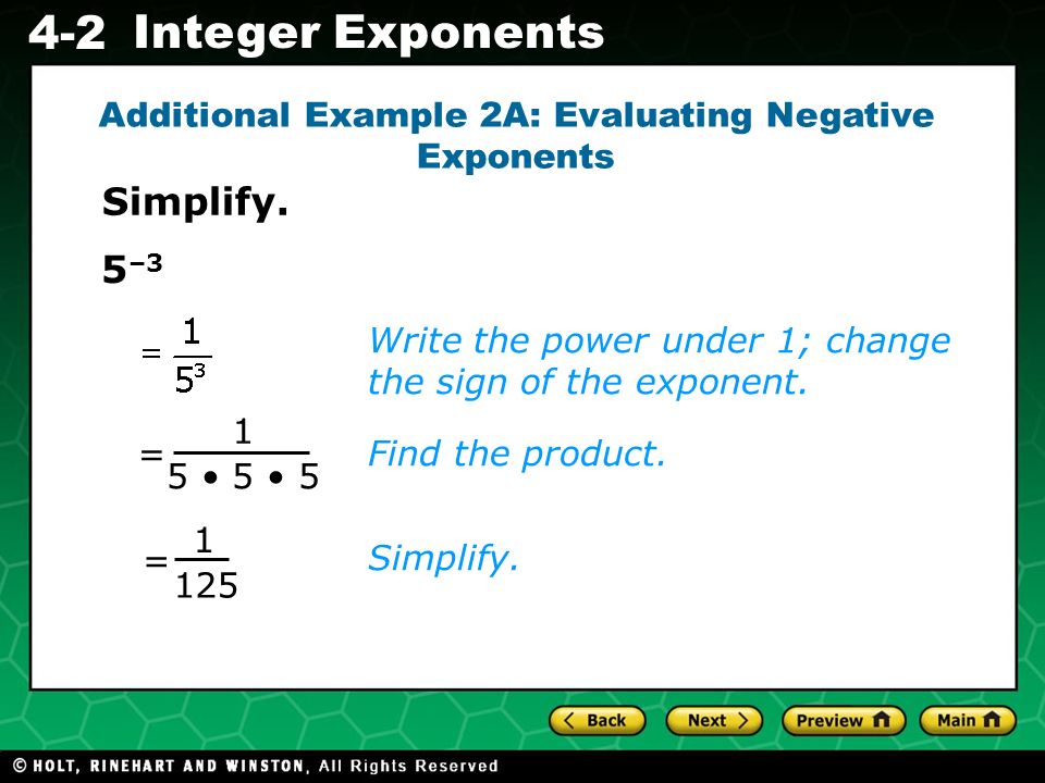 Additional Example 2A: Evaluating Negative Exponents