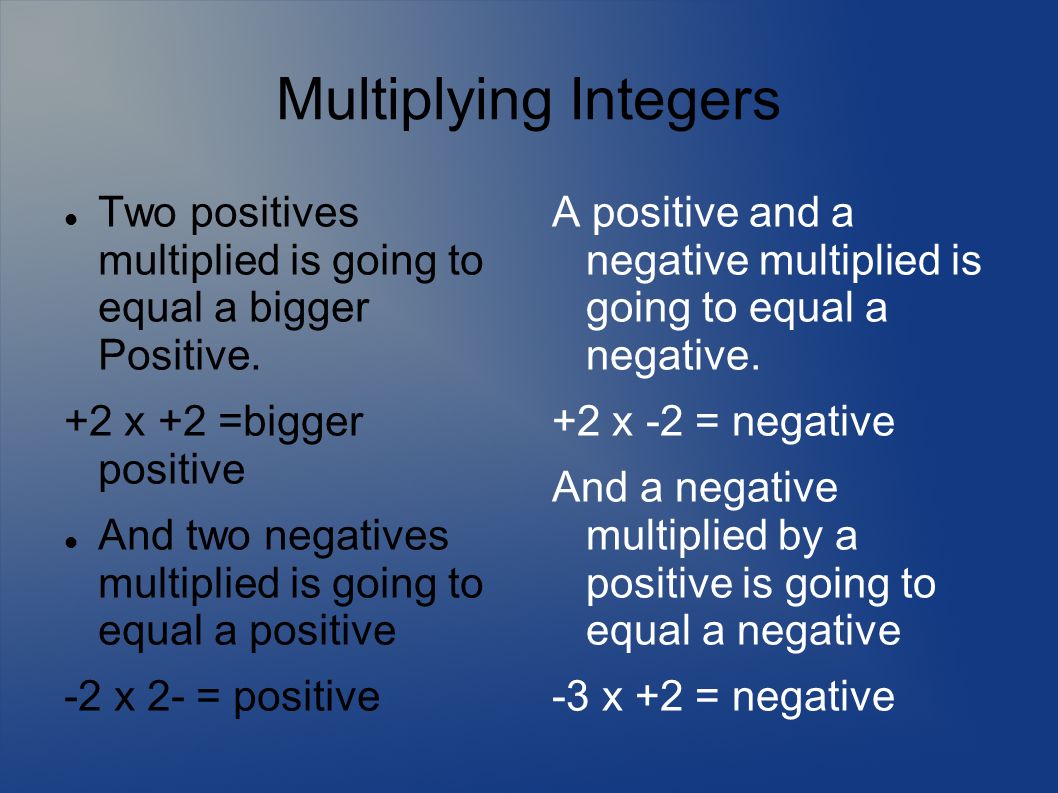 Multiplying Integers Two positives multiplied is going to equal a bigger Positive. +2 x +2 =bigger positive.