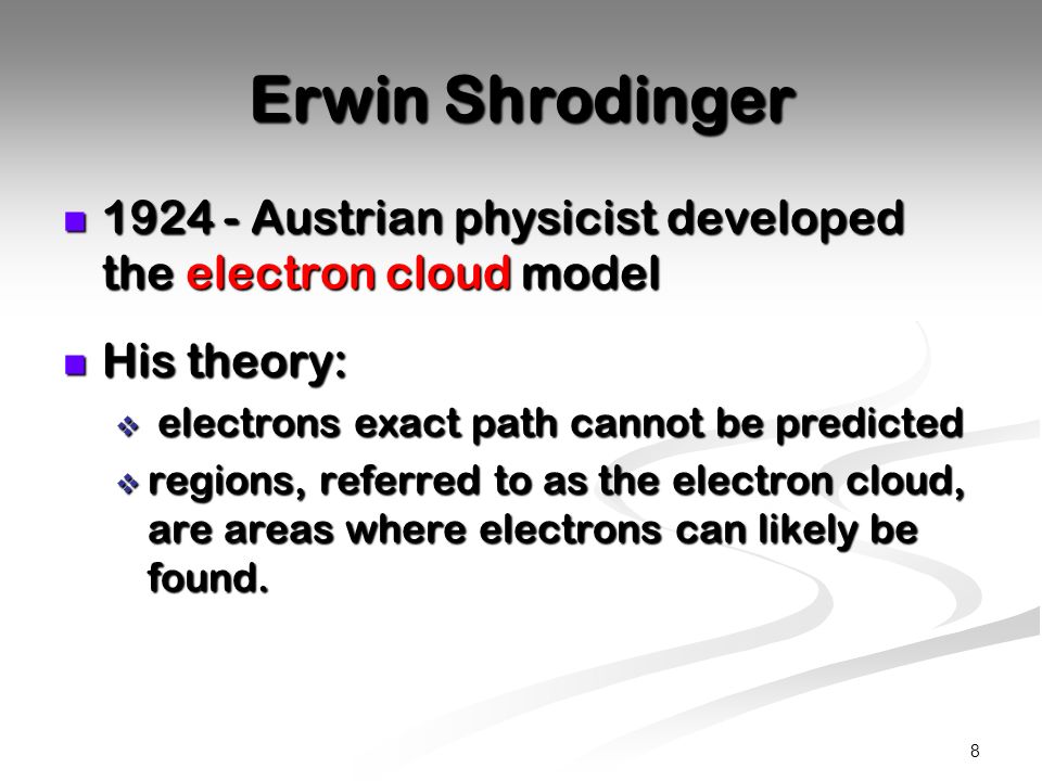 Erwin Shrodinger Austrian physicist developed the electron cloud model. His theory: electrons exact path cannot be predicted.