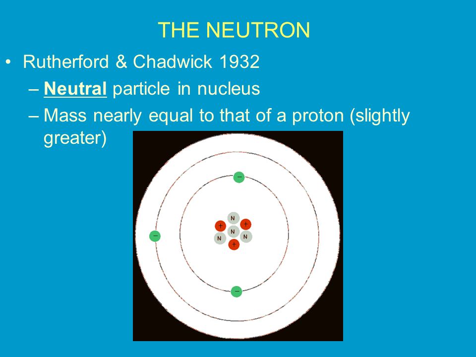 THE NEUTRON Rutherford & Chadwick 1932 Neutral particle in nucleus