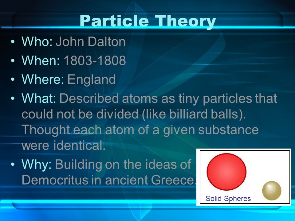 Particle Theory Who: John Dalton When: Where: England