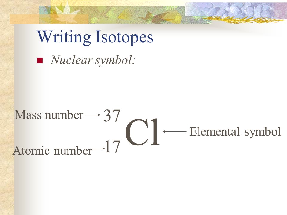 Cl Writing Isotopes Nuclear symbol: Mass number Elemental symbol