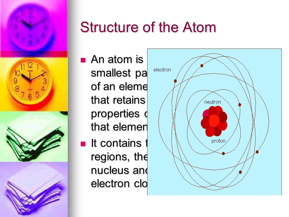 Structure of the Atom An atom is the smallest particle of an element that retains the properties of that element.