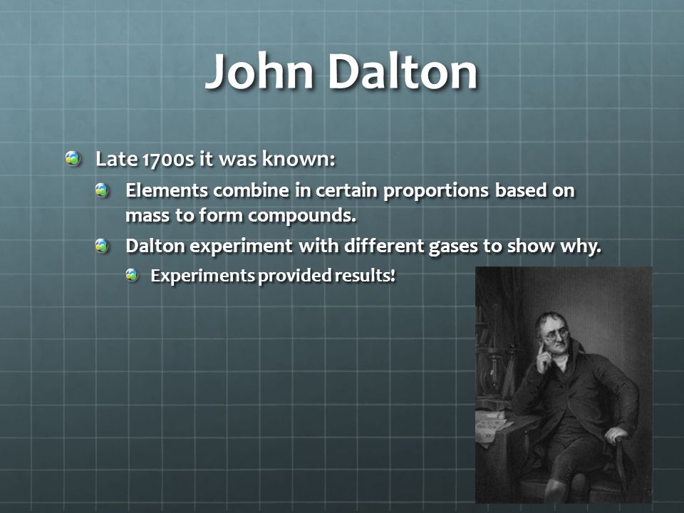 John Dalton Late 1700s it was known: