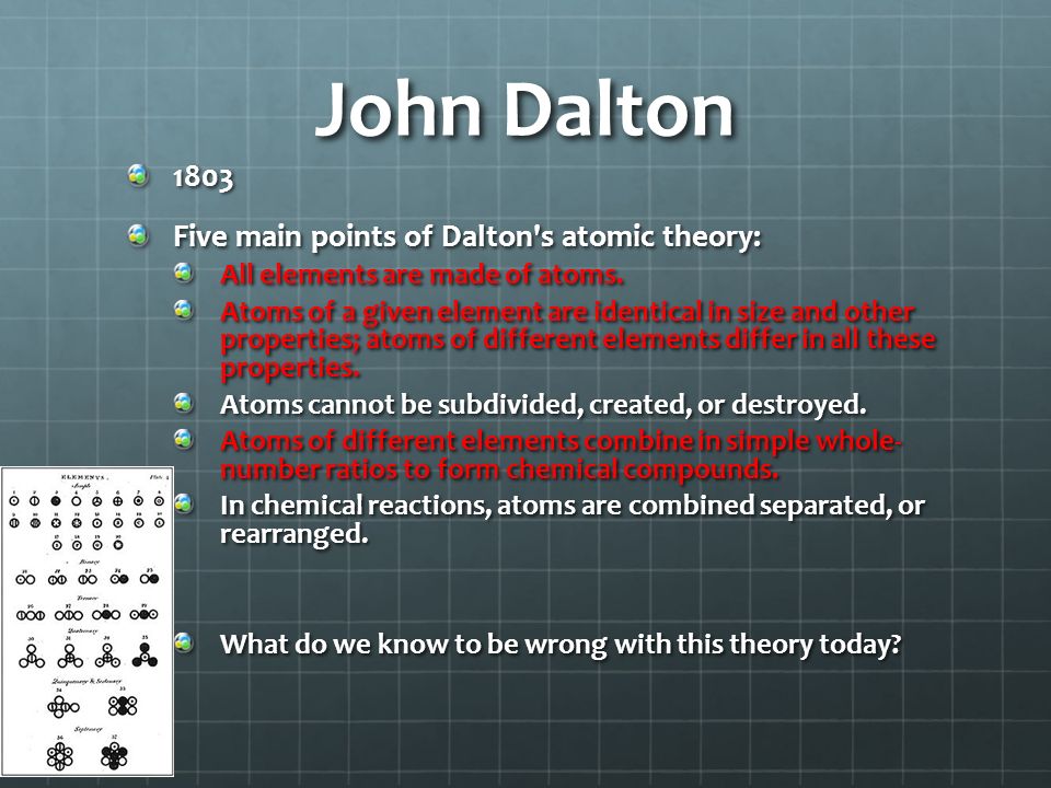 John Dalton 1803 Five main points of Dalton s atomic theory: