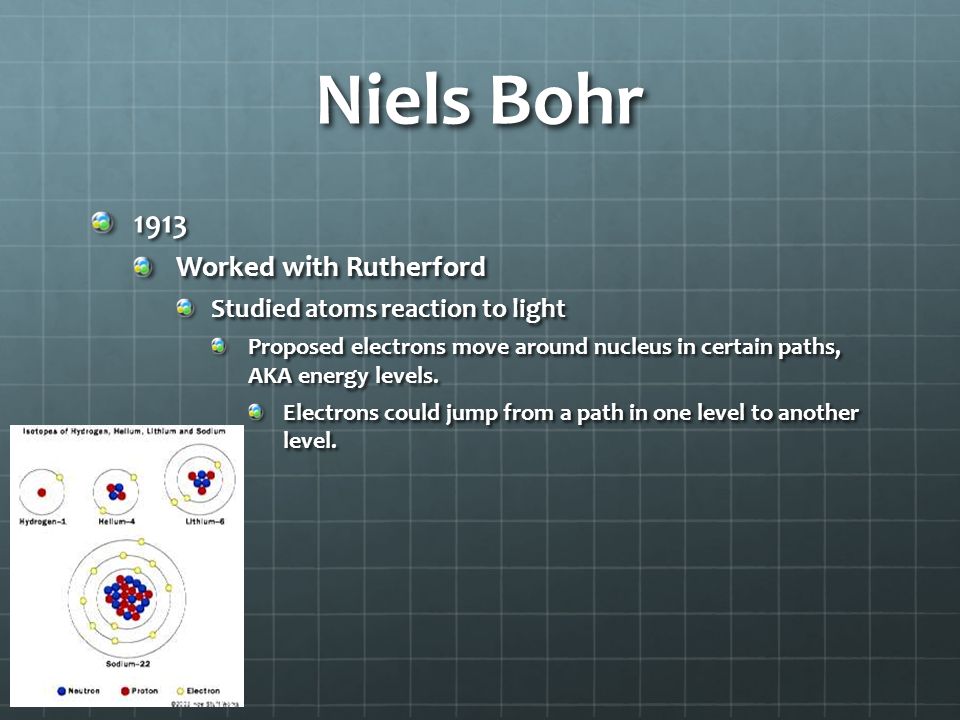 Niels Bohr 1913 Worked with Rutherford Studied atoms reaction to light