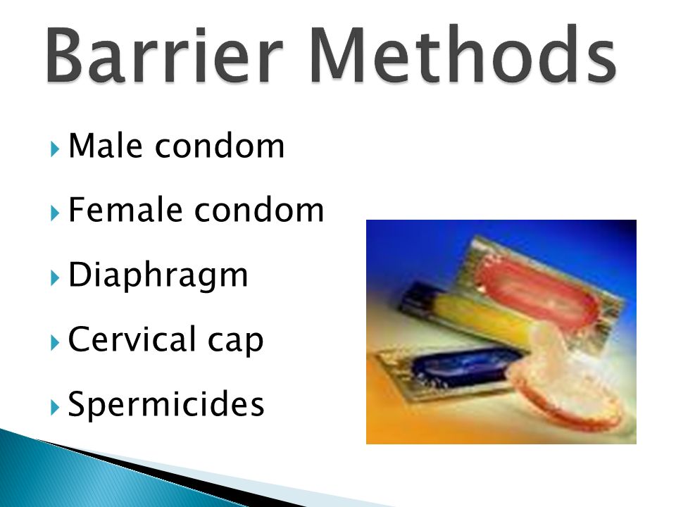 Barrier Methods Male condom Female condom Diaphragm Cervical cap
