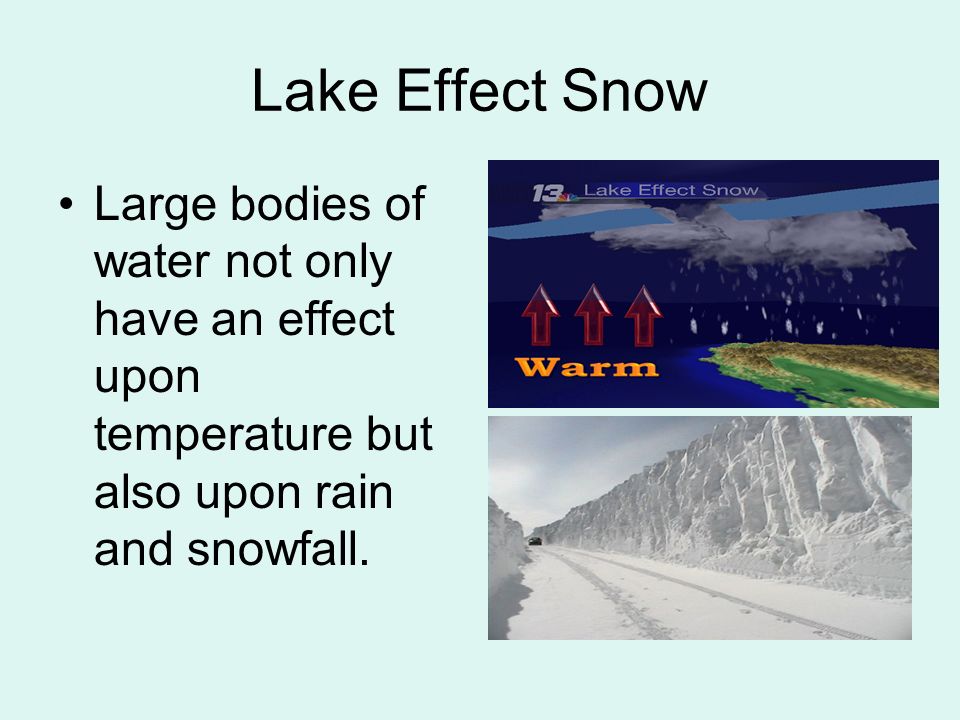 Lake Effect Snow Large bodies of water not only have an effect upon temperature but also upon rain and snowfall.