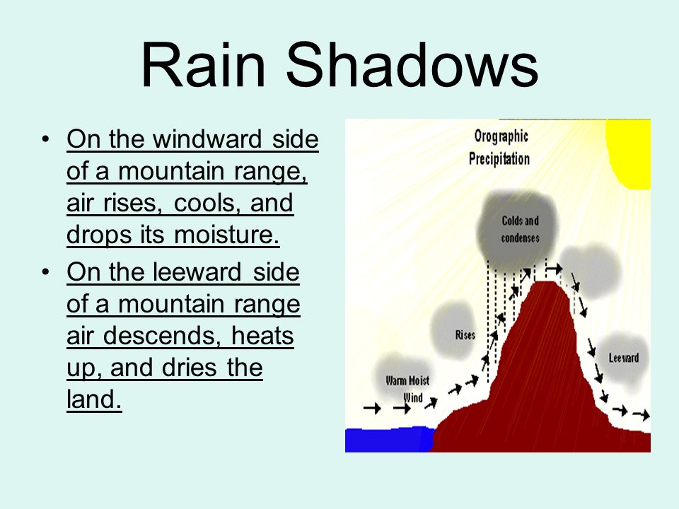 Rain Shadows On the windward side of a mountain range, air rises, cools, and drops its moisture.