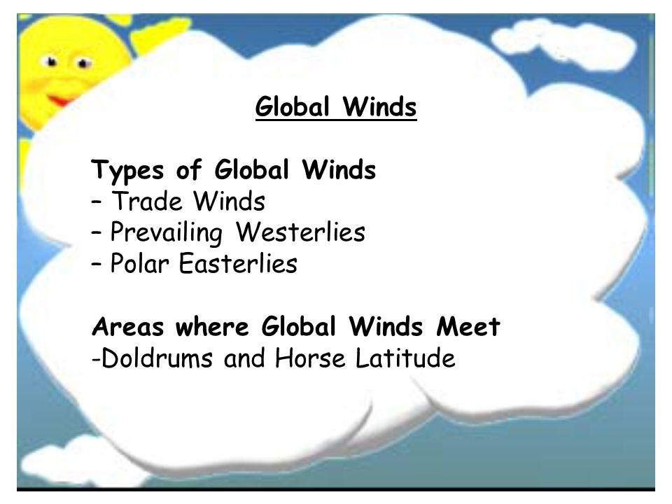 Global Winds Types of Global Winds. – Trade Winds. – Prevailing Westerlies. – Polar Easterlies. Areas where Global Winds Meet.