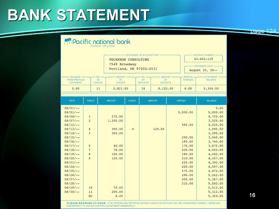 BANK STATEMENT page