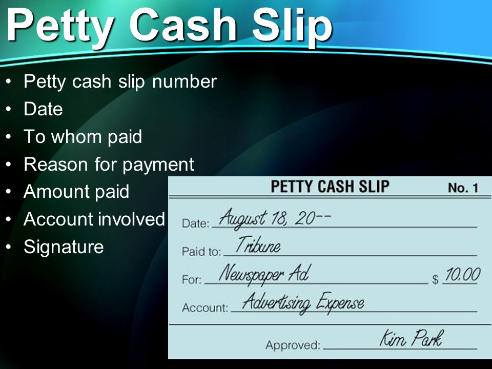 Petty Cash Slip Petty cash slip number Date To whom paid