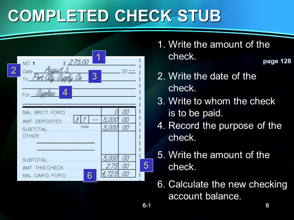 COMPLETED CHECK STUB 1. Write the amount of the check