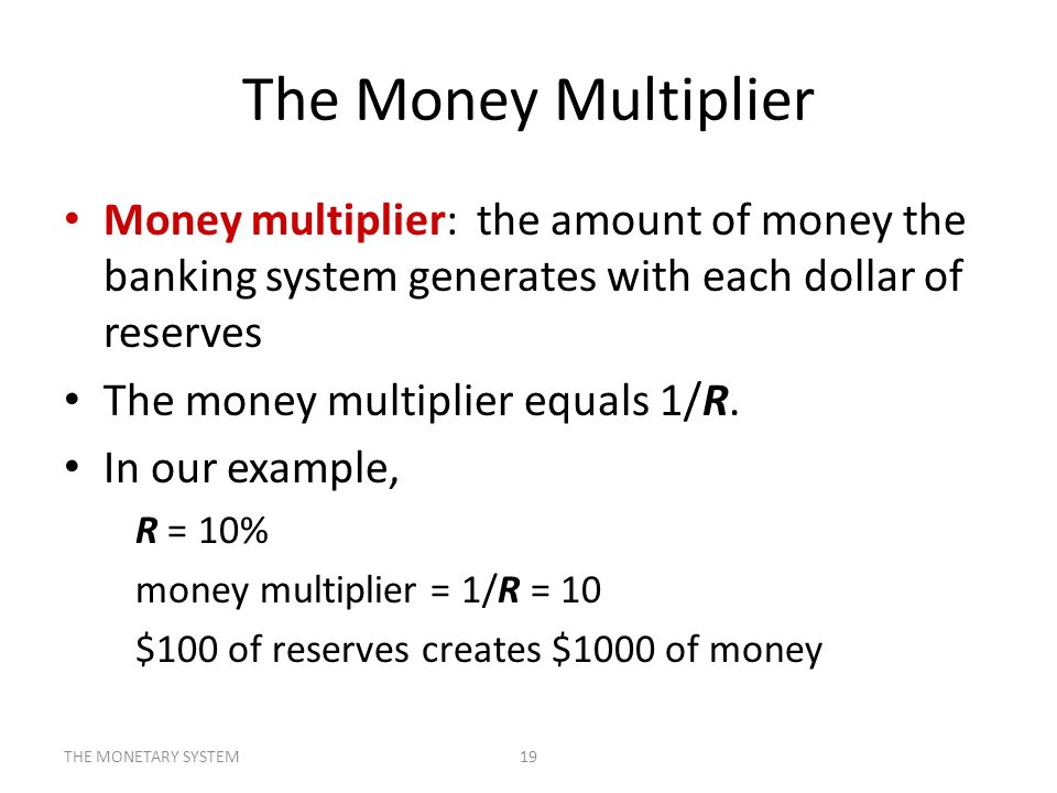 The Money Multiplier Money multiplier: the amount of money the banking system generates with each dollar of reserves.