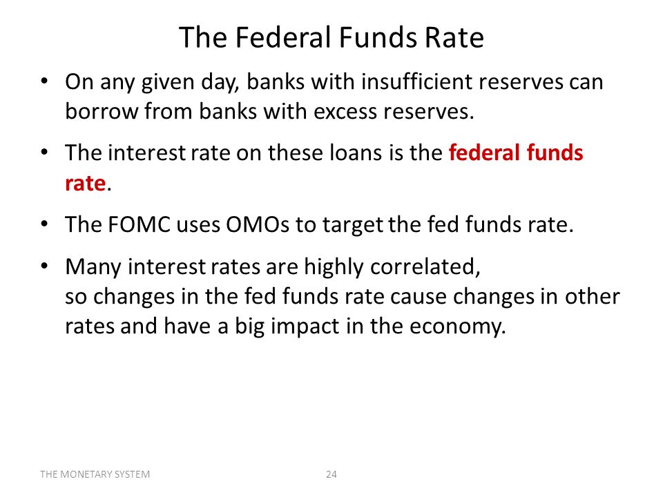 The Federal Funds Rate On any given day, banks with insufficient reserves can borrow from banks with excess reserves.