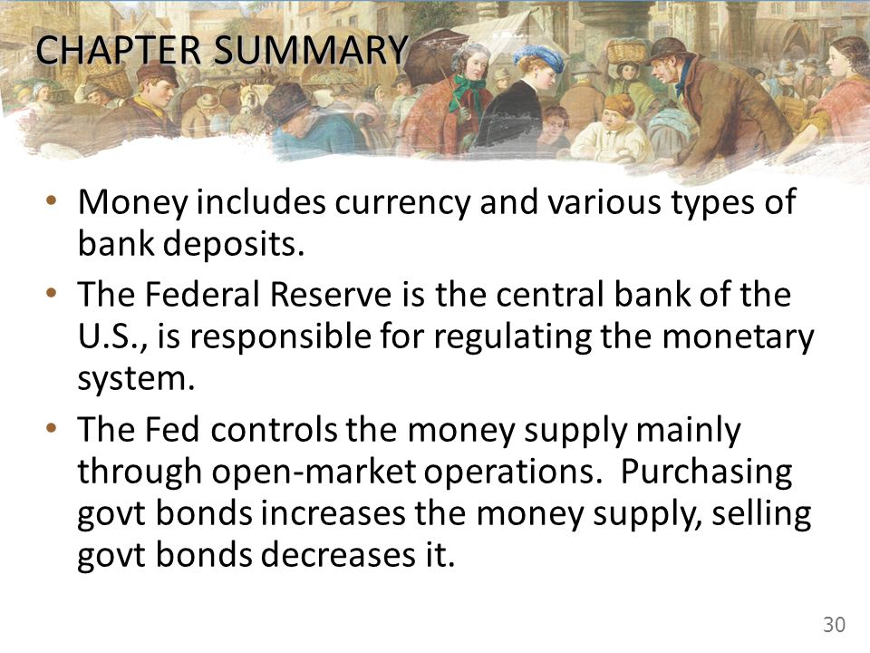 CHAPTER SUMMARY Money includes currency and various types of bank deposits.
