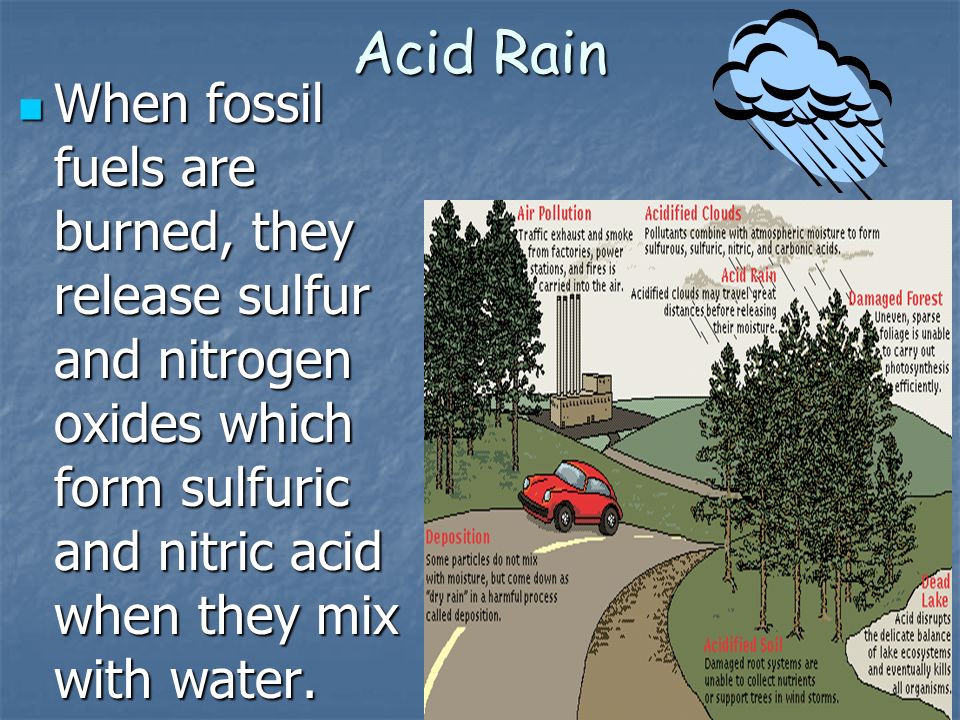 Acid Rain When fossil fuels are burned, they release sulfur and nitrogen oxides which form sulfuric and nitric acid when they mix with water.