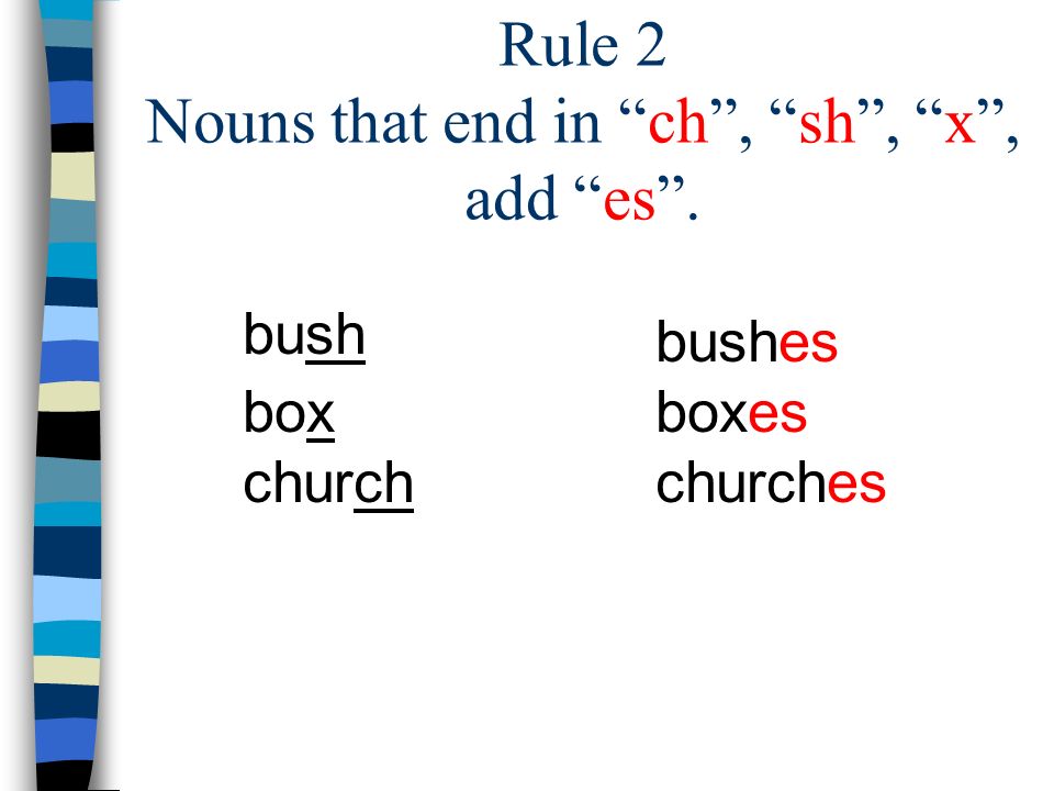 Rule 2 Nouns that end in ch , sh , x , add es .