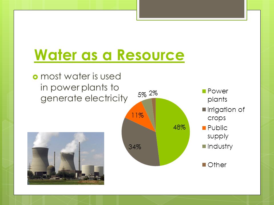 Water as a Resource most water is used in power plants to generate electricity