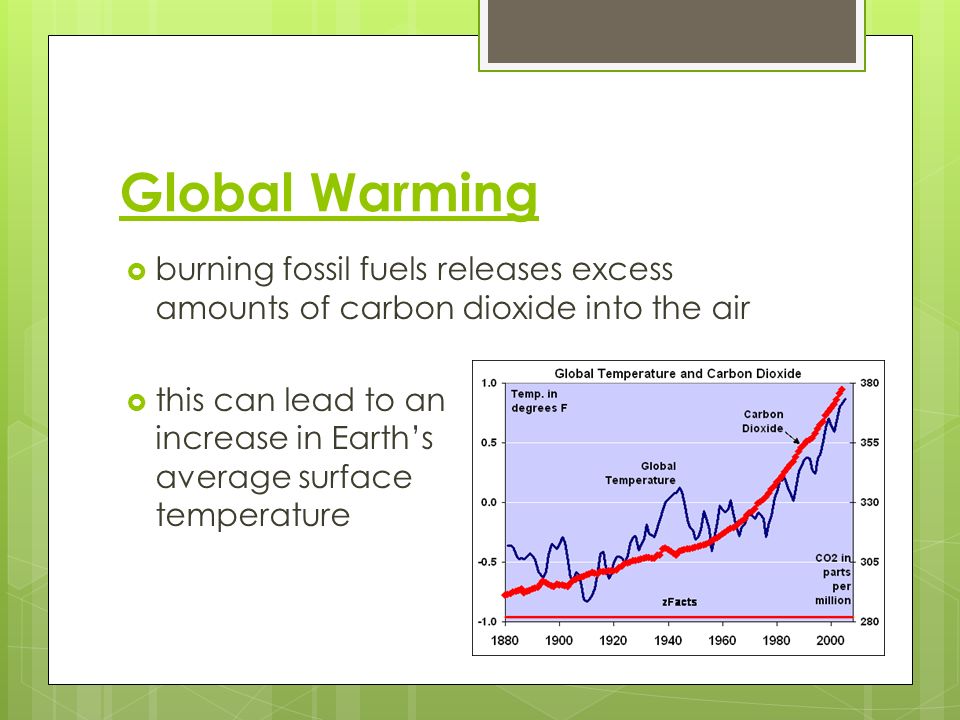 Global Warming burning fossil fuels releases excess amounts of carbon dioxide into the air.