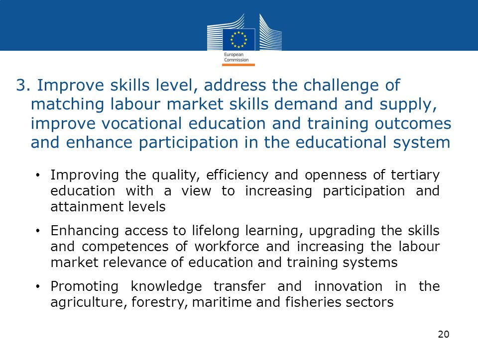 3. Improve skills level, address the challenge of matching labour market skills demand and supply, improve vocational education and training outcomes and enhance participation in the educational system