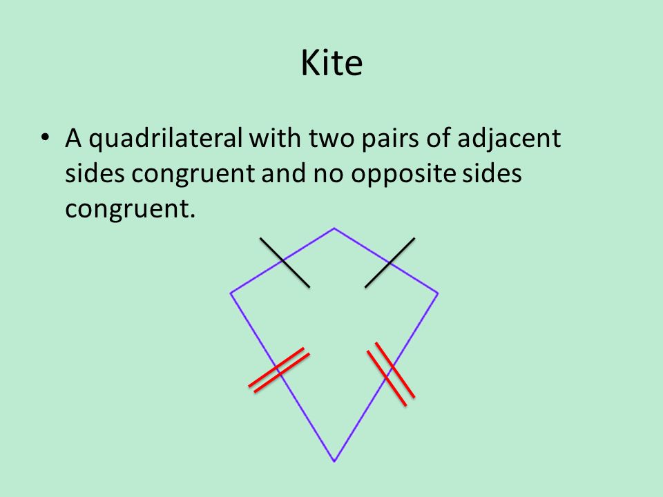 Kite A quadrilateral with two pairs of adjacent sides congruent and no opposite sides congruent.