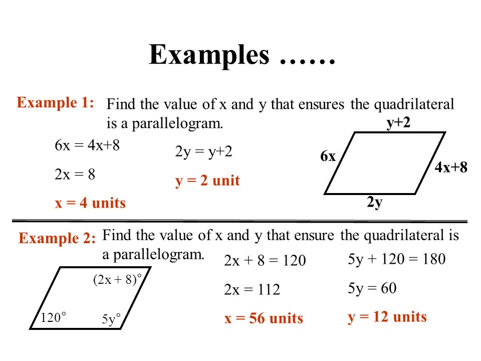Examples …… Example 1: Find the value of x and y that ensures the quadrilateral is a parallelogram.