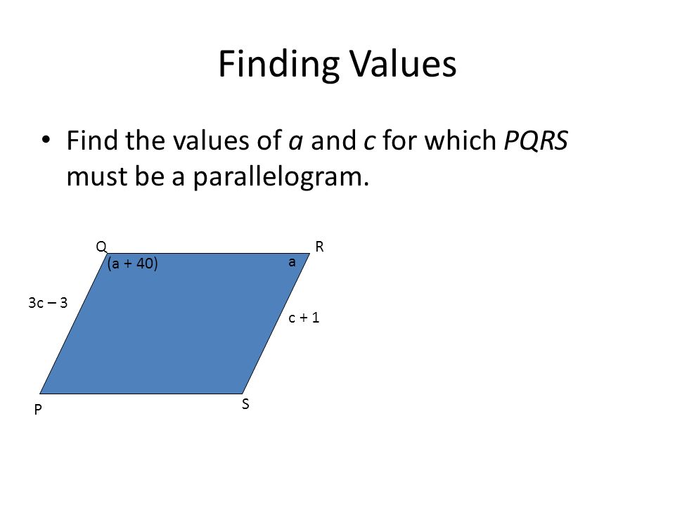 Finding Values Find the values of a and c for which PQRS must be a parallelogram. Q. R. (a + 40)